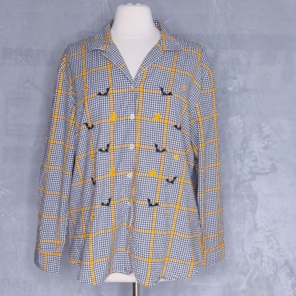 KAREN SCOTT Halloween Plaid Embroidered Button Up Shirt Size XL Bat Star Camp